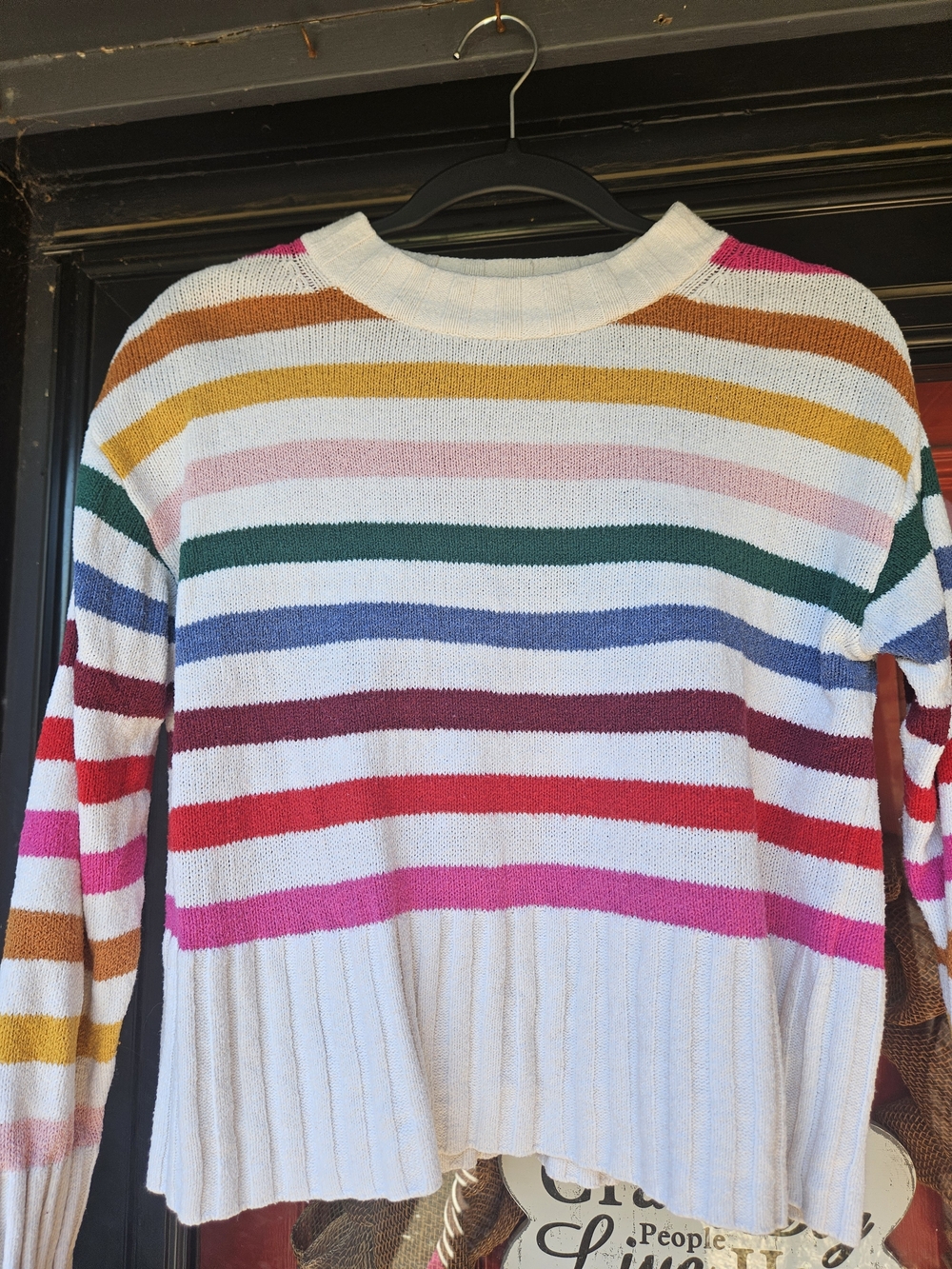 GAP White Crewneck Sweater with Multicolor Stripes